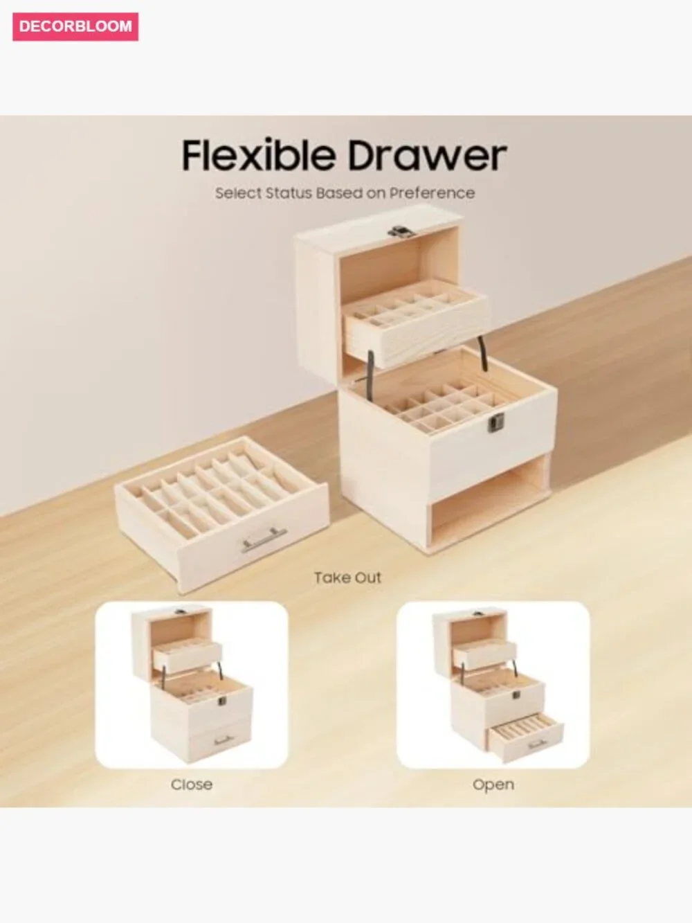 3-Tier Wooden Essential Oil Storage Box with 59 Slots